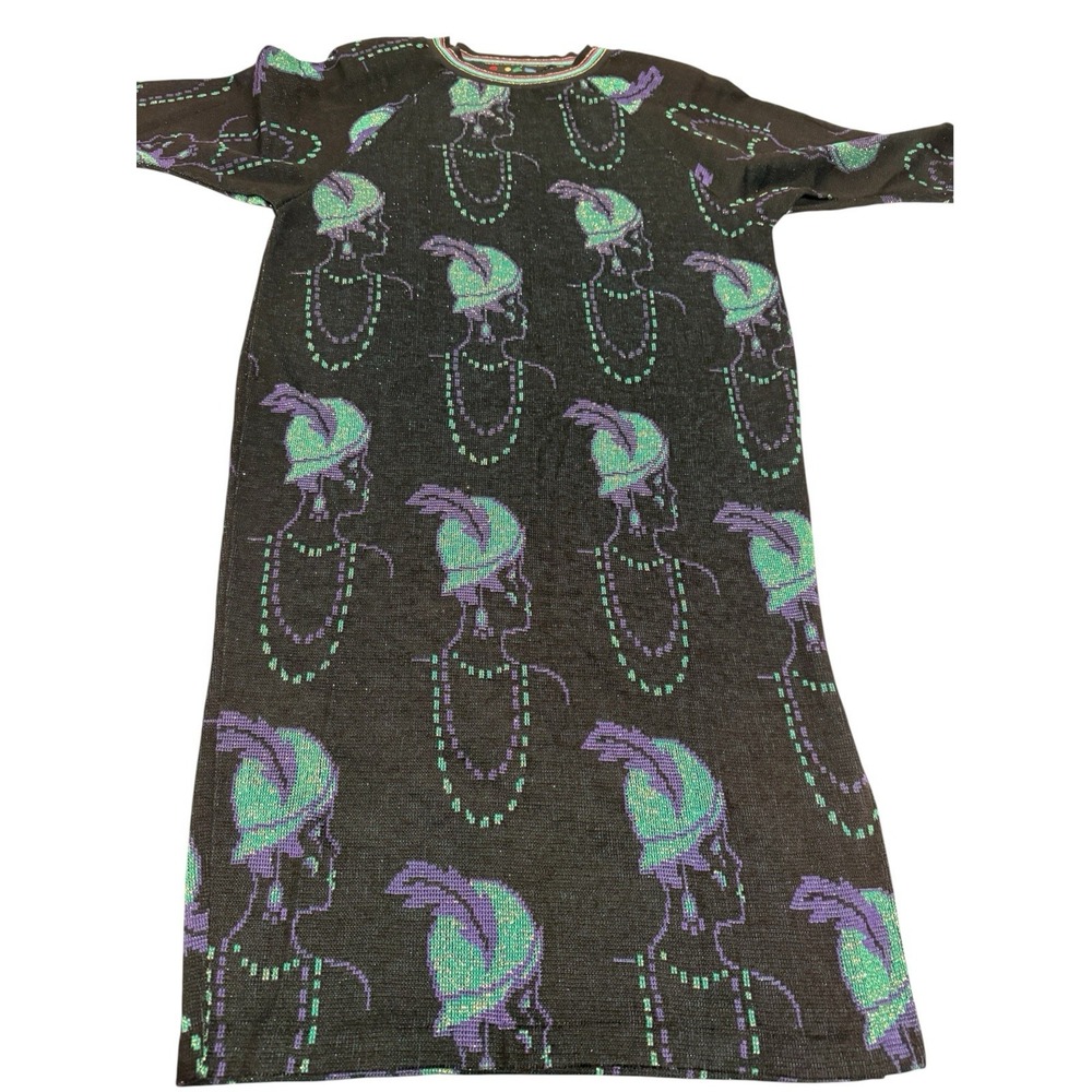 Vintage Bernie Blue Metallic Jacquard Faces Sweater Dress Made in US Size 14 NWT